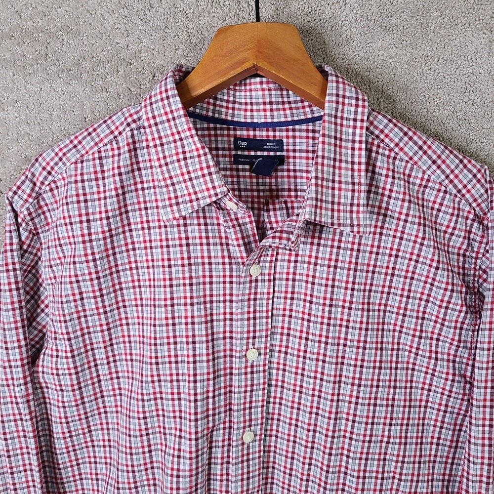 GAP Shirt‎ Mens XXL Red Plaid Slim Fit Long Sleeve Button Down Premium Cotton - Picture 2 of 10